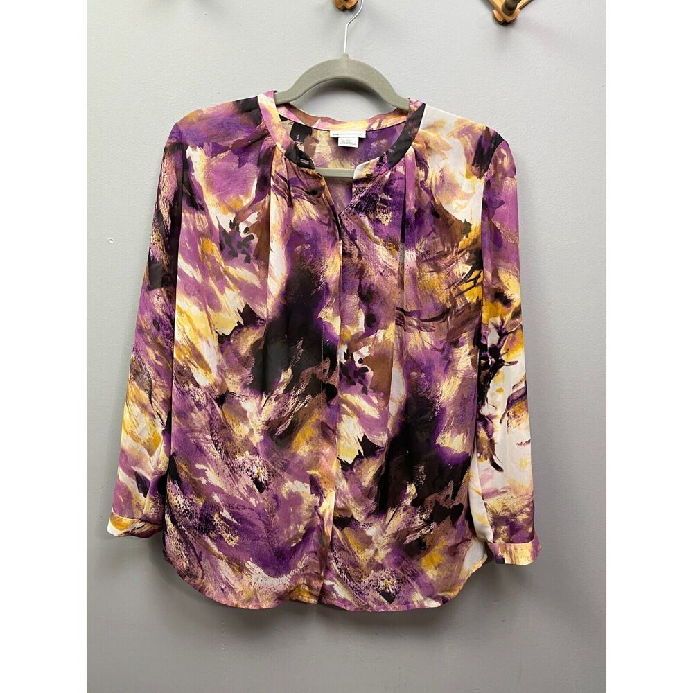 Liz Claiborne Blouse Womens Small purple/tan sheer long sleeve button front